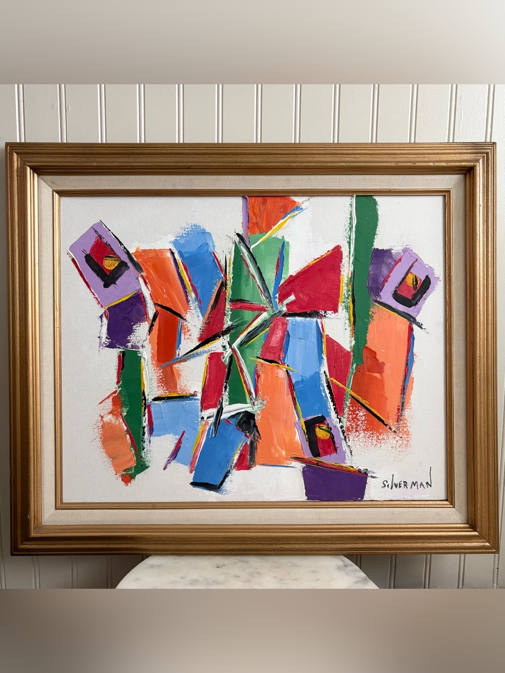 Vintage Abstract Geometric Original Oil Painting by Silverman Collectible Art